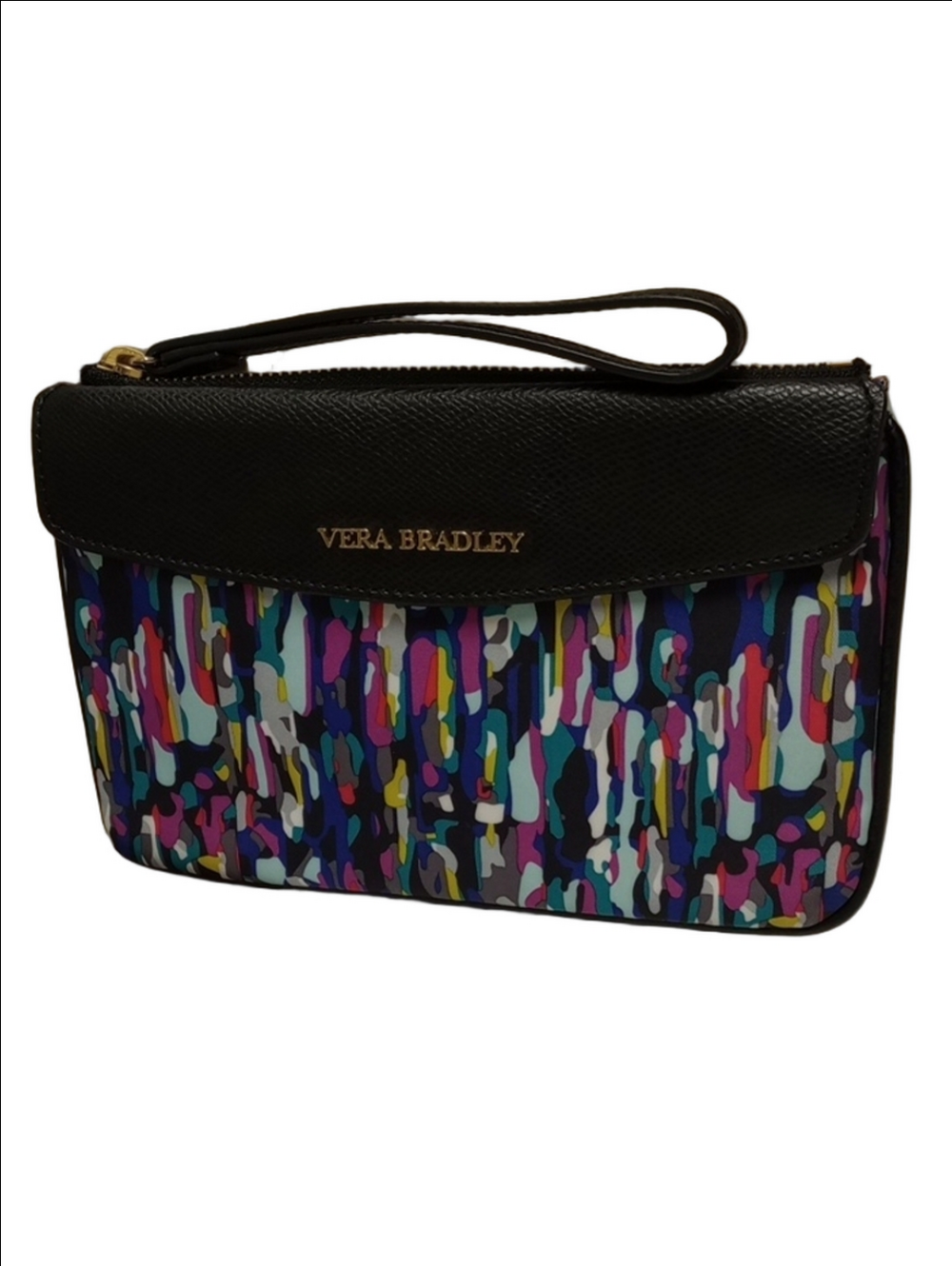 💜VERA BRADLEY BLACK WRISTLET CLUTCH WITH WATERCOLOR MULTICOLOR PURPLE DESIGNS